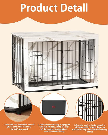 Megidok Wooden Dog Crate Furniture with Cushion, Dog Crate End Table with Tray, Double Doors Dog Crate(*L:43.1" L*28.6" W*30.3" H, Marble White)