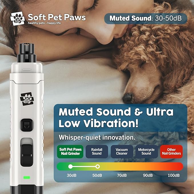 Dog Nail Grinder - Ultra Quiet Operation - Upgraded Dog Nail Trimmer with 2 LED Lights - 2-Speed Rechargeable Nail Grinder - for Small, Medium and Large Dogs - Extra Grinding Head