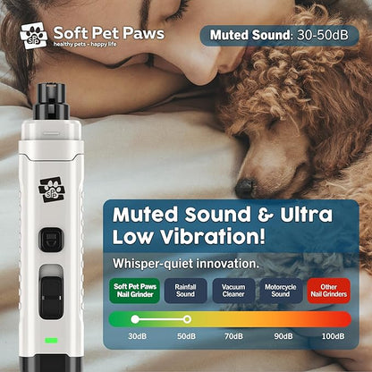 Dog Nail Grinder - Ultra Quiet Operation - Upgraded Dog Nail Trimmer with 2 LED Lights - 2-Speed Rechargeable Nail Grinder - for Small, Medium and Large Dogs - Extra Grinding Head