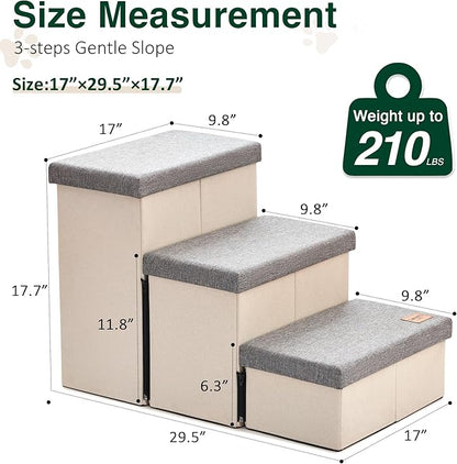 Love's cabin Dog Stairs for High Bed 18"H,Foldable Pet Stairs for Small Medium or Large Dogs Puppy with Storage for Bed or Couch, Cat Dog Steps Ramp with Zip up to 210 lbs(Light Grey,3 Steps no Condo)