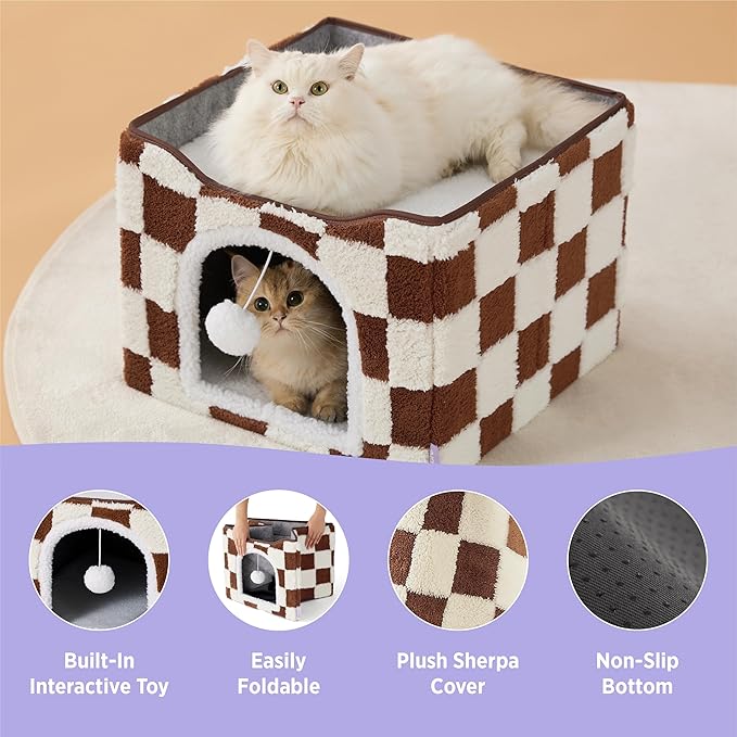 Lesure Indoor Cat Beds Kitten House - Large Cat Cave for Pet Cube with Fluffy Ball Hanging, Foldable Small Animal Hideaway, 16.5x16.5x13 inches, Brown Checks