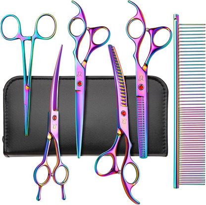 Dog Grooming Scissors,Rainbow Curved Chunkers Shears with Safety Round Tips,Sharp and Durable 6 in 1 Dog Scissors for Grooming