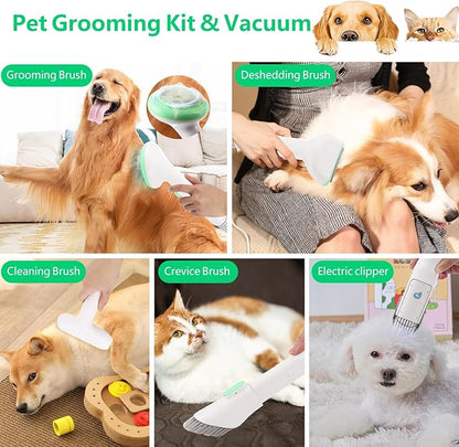 IDEALHOUSE Dog Hair Vacuum and Grooming Kit, 2L Dust Cup with 5 Grooming Tools, High Suction Power for Shedding Pet Hair, Low Noise for Stress-Free Grooming, Home Cleaning, White and Green