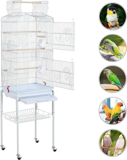 Yaheetech 64-inch Open Play Top Bird Cages for Parakeets Cockatiels Finches Lovebirds Canaries Conures Budgies Parrot Birdcage w/Detachable Rolling Stand, White