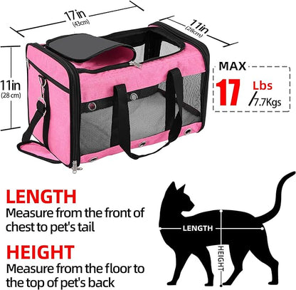 Soft Sided Cat/Dog Carrier,Collapsible Pets Travel Carriers for Pet/Puppy with Shoulder Strap & Removable Mat,Mesh Top Load Small Dogs/Cats Carry Bag Up to 17 Lbs TSA Airline Approved（Pink,M）
