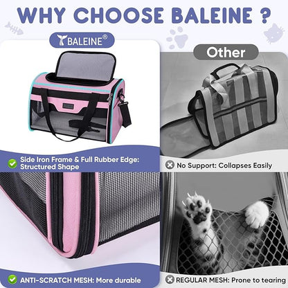 BALEINE Cat Carrier, Puppy Dog Carrier for Small Medium Pets Up to 22 Lbs, Soft-Sided Dog Travel Bag with Safety Zippers, Collapsible Pet Carrying Case (Pink, XL, 19"x12"x12")
