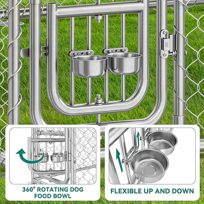 DWVO 7.5'x7.5' Large Dog Kennel Outdoor with Rotating Feeder Bowls, Outdoor Dog Pens with Roof, Heavy Duty Dog Cage for Medium Large Dogs