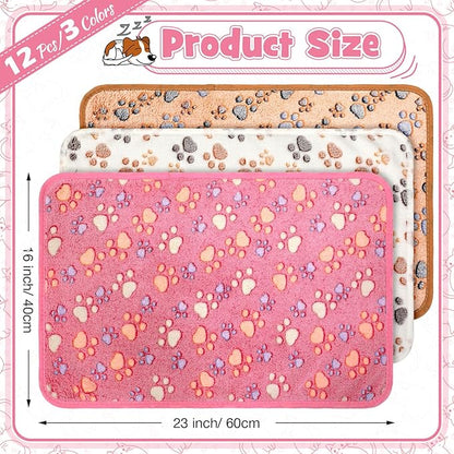 Tegeme 12 Pieces Pet Blanket Soft Fleece Dog Fluffy Doggie Warm Felt Throw Spring Paw Print Puppy Kitten Sleep Mat Bed Covers for Cat (23 x 16 Inch,Pink,Beige,Camel)