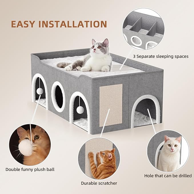 All-in-1 Extra-Wide Cat House for Indoor, Multi Cats Puppy Family, Large Cat Cave for Pet House with Fluffy Ball Hanging and Scratch Pad, Foldable Dog Hideaway, 35.4x19.6x13.3 inches, Grey