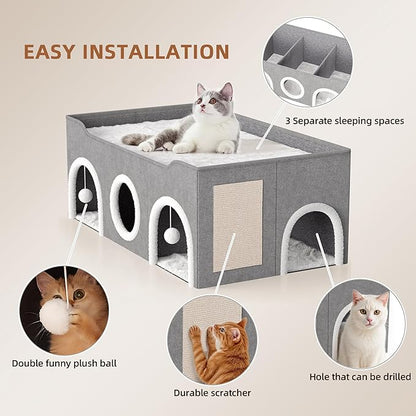 All-in-1 Extra-Wide Cat House for Indoor, Multi Cats Puppy Family, Large Cat Cave for Pet House with Fluffy Ball Hanging and Scratch Pad, Foldable Dog Hideaway, 35.4x19.6x13.3 inches, Grey