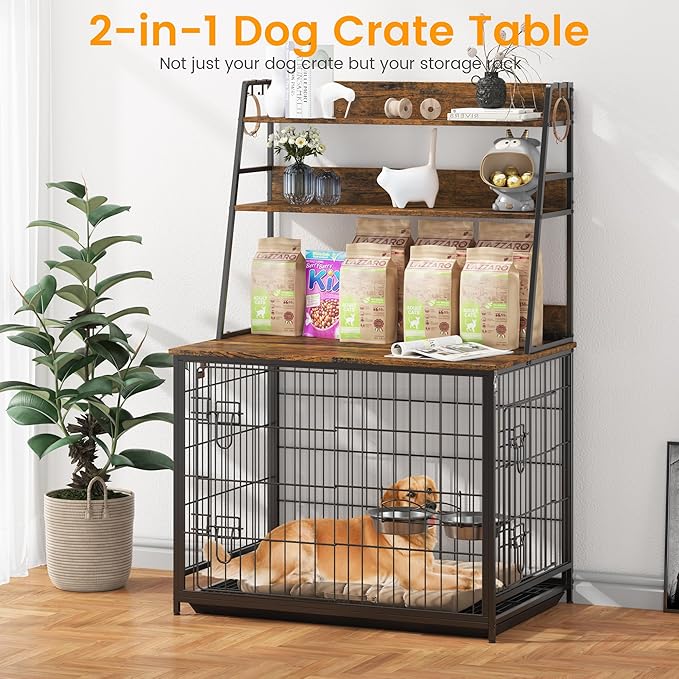 Dog Crate Furniture, 57 Inch Dog Kennel Furniture with Storage Shelves and Removable Tray, Indoor Dog House with 2 Doors and 2 Adjustable Bowls, Brown