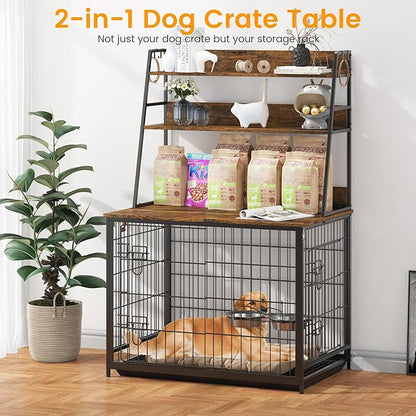 Dog Crate Furniture, 57 Inch Dog Kennel Furniture with Storage Shelves and Removable Tray, Indoor Dog House with 2 Doors and 2 Adjustable Bowls, Brown