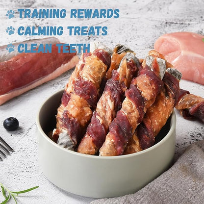 Dog Treats, Chicken Duck Wrapped Cod Skin Sticks Rawhide-Free Grain-Free Dog Chewy Treats for Dog Healthy Teeth and Coat Training Treats for Small Medium Large Dog 9-10 Counts