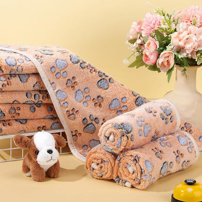 Chumia 40 Pcs Blankets Soft Fluffy Fleece Washable Pet Dog Sleep mat Paw Print Pattern Fleece Blankets for Pets Throw Warm Bed Mat for Dog Puppy Cat(24 x 16 Inch,Brown)