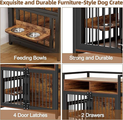 Dog Crate Furniture, 41 Inch Wooden Dog Cage with 2 Drawers, 360° & Adjustable Raised Feeder, Furniture Dog Crate for Medium-Large Dog Indoor
