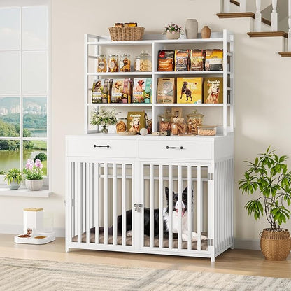Keyluv 71''H x 47.2''W Large Dog Crate Furniture with 4-Tier Shelves and 2 Storage Drawers, Heavy Duty Dog Cage Furniture with 2 Doors, Wood & Metal Dog Kennel Indoor for Small/Medium/Large Dog, White