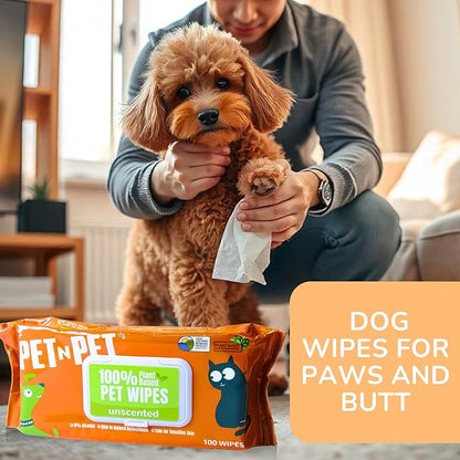 PET N PET 100% Plant Based Dog Wipes for Paws and Butt, 100 Counts Hypoallergenic Unscented Dog Pet Wipes, 8" x 8"