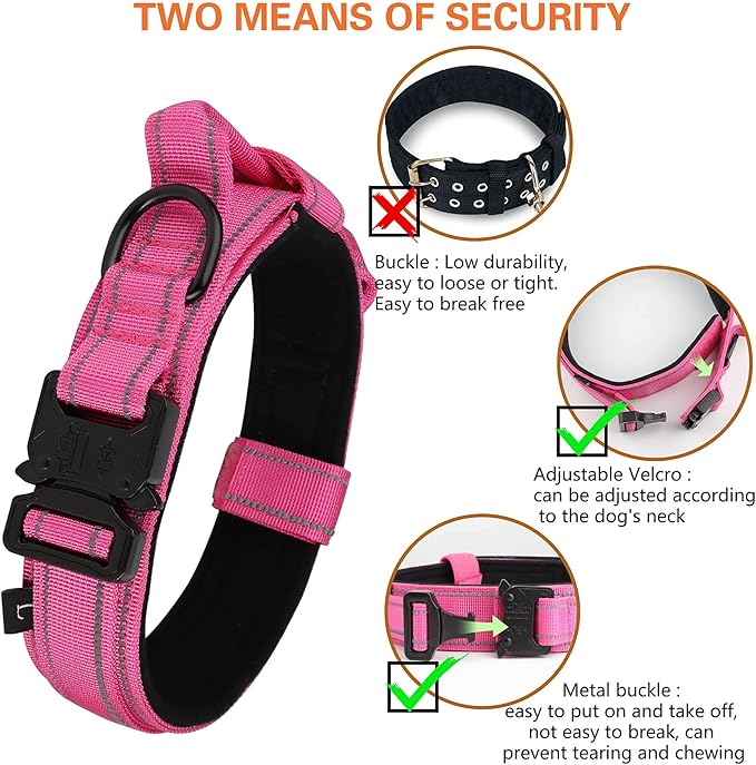 KCUCOP Tactical Dog Collar, Heavy Duty Dog Collar with Handle and Metal Buckle, Military Thick Dog Collars for Medium and Large Dogs(Pink-L-Reflective, 1 Patch)