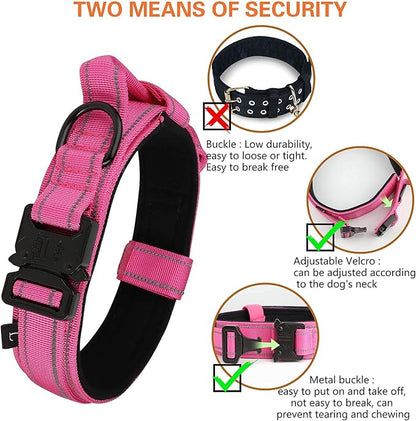 KCUCOP Tactical Dog Collar, Heavy Duty Dog Collar with Handle and Metal Buckle, Military Thick Dog Collars for Medium and Large Dogs(Pink-L-Reflective, 1 Patch)