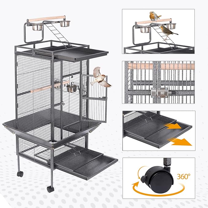 HSM 62 Inch Wrought Iron Large Bird Flight Cage with Rolling Stand for African Grey Parrot Cockatiel Sun Parakeet Conure Lovebird Canary
