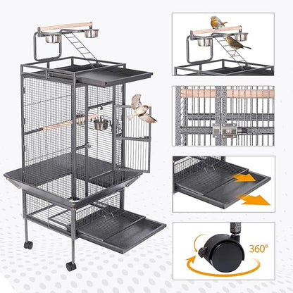 HSM 62 Inch Wrought Iron Large Bird Flight Cage with Rolling Stand for African Grey Parrot Cockatiel Sun Parakeet Conure Lovebird Canary