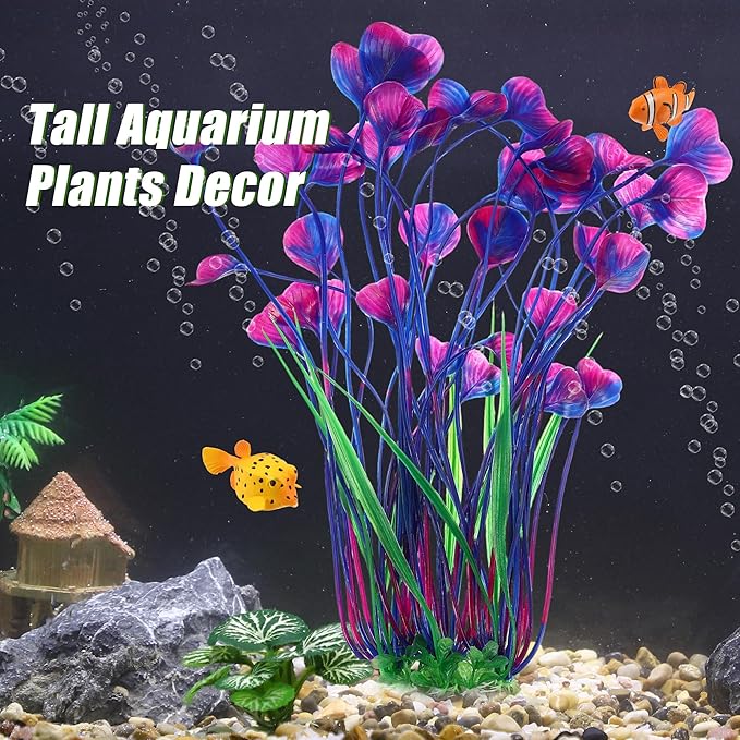 Large Aquarium Plastic Plants, Tall Aquarium Plants, Big Aquarium Plastic Plants for Fish Tanks Decor, 15.75" Height (Purple Green, 2pcs)