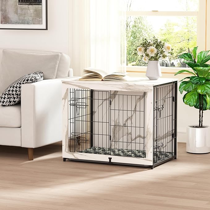 Megidok Wooden Dog Crate Furniture with Cushion, Dog Crate End Table with Tray, Double Doors Dog Crate Furniture Style, Decorative Dog Kennels Indoor for Small to Medium Dog-Marble White, 32*22*26.5