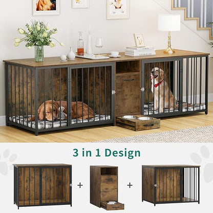 DWVO 95in Double Crate Furniture With Feeder Bowls, Wooden Large Kennel With Storage Drawer, Indoor TV Cabinet for 2 Large/Medium Dogs, Brown