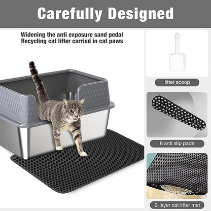 Suhaco Stainless Steel Litter Box Side Entry, Kitty Litter Mat and White Scoop Included Covered Metal High Sided Extra Large Cat Litter Box with Lid Removable Enclosure for Medium Cats (Tall Grey)