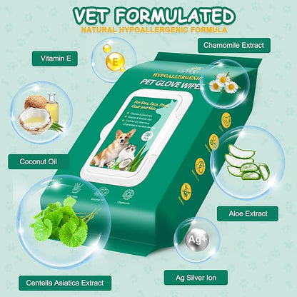 20PCS Pet Cleaning and Deodorizing Grooming Glove Wipes for Dogs and Cats, Extra Thick Nourish Fur No-Rinse Grooming Wipes for Daily Care and Travel, Hypoallergenic