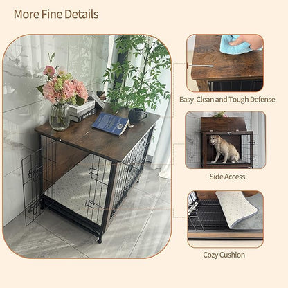 Dog Crate Furniture for Medium Dogs, Decorative Wooden Dog Kennel Cage House Indoor for Puppy Pet with Tray Cushion Foldable Top, Storage Playpen, End Side Table, Medium,31" L,Rustic Brown