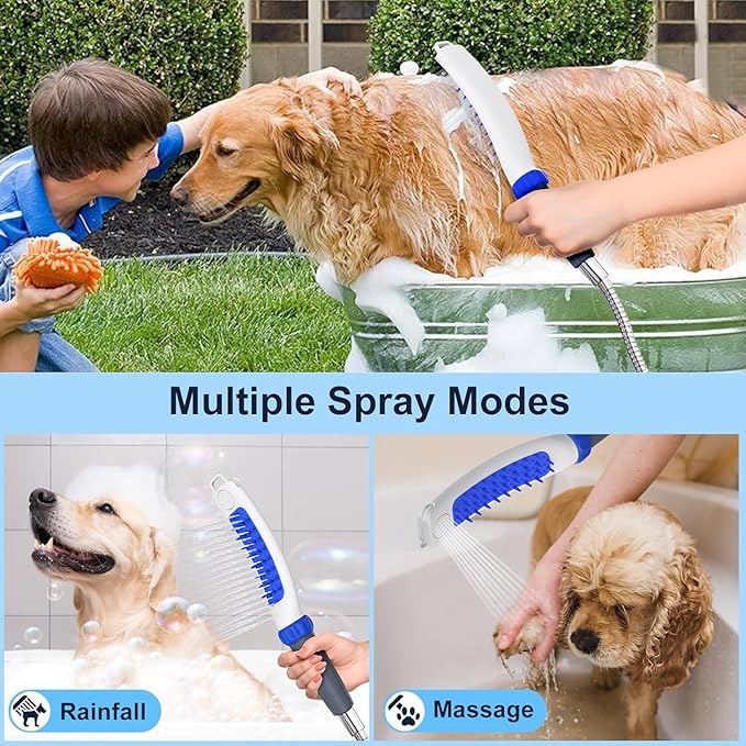 Dog Shower Attachment, Rubber Dog Grooming Bath Brush for Long & Short Haired Dogs and Cats, Pet Hair Scrubber For Washing, Deshedding, Massage, Stainless Steel Shower Hose