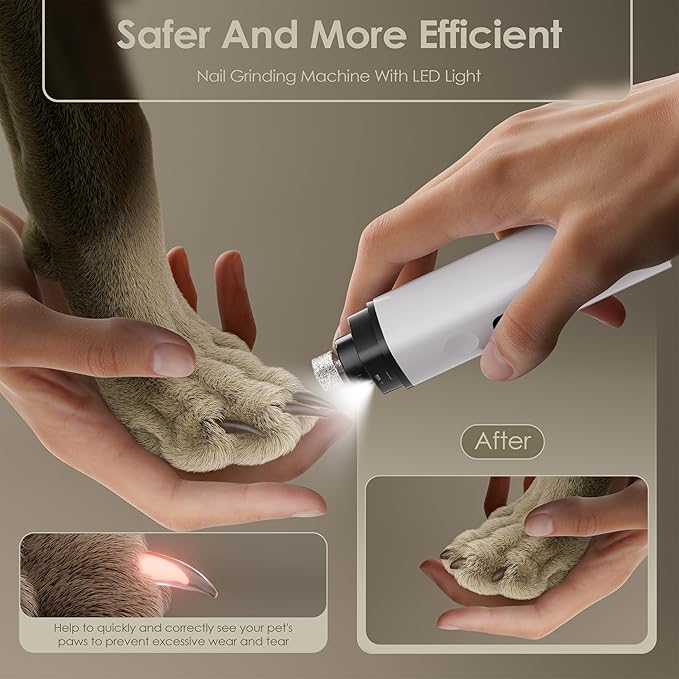Dog Nail Grinder, Upgrade IP67 Waterproof 3-Speed LED Light-Small Medium and Large Cat and Dog Nail Trimmers Super Quiet, Rechargeable Pet Painless Nail Grinder, White