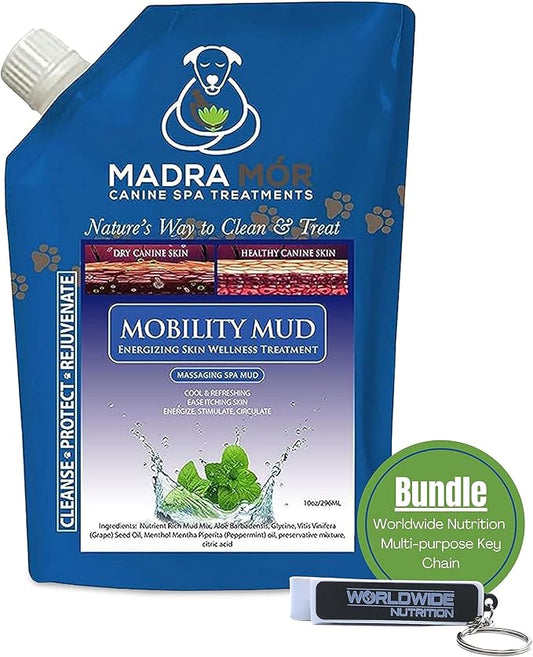 Worldwide Nutrition Bundle: Madra Mor Mobility Mud - Dog Essentials Mud Bath, Dog Grooming, Dry Skin for Dogs Treatment, Dog Coat Skin Care Products - 10oz Pouch & Multi-Purpose Key Chain