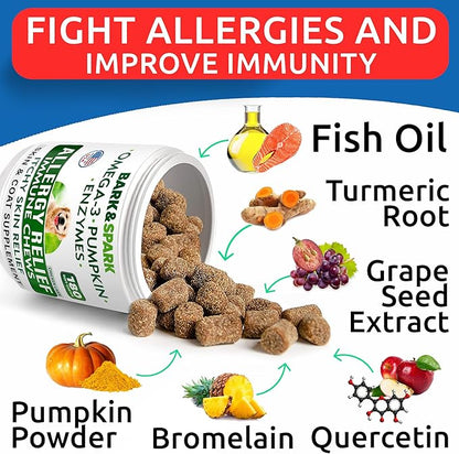 BARK&SPARK Dog Allergy Relief Chews (180 Treats) - Anti-Itch Skin & Coat Supplement - Omega 3 Fish Oil - Itchy Skin Relief Treatment Pills - Itching&Paw Licking - Dry Skin & Hot Spots - Chicken Liver