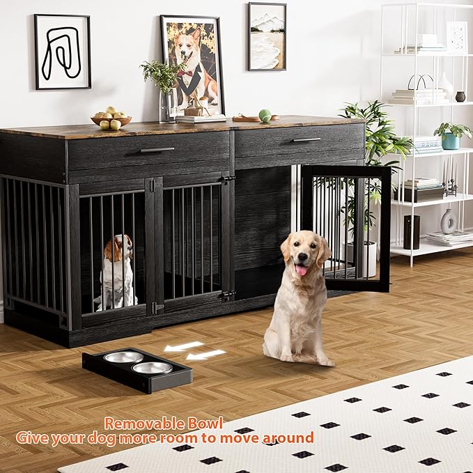 Rophefx 72" Dog Crate Furniture for 2 Dogs, Large Dog Kennel Furniture with 2 Storage Drawers and 4 Bowls, Wooden Dog Cage with Removable Divider, Indoor Dog House TV Stand for Medium Dog, Black