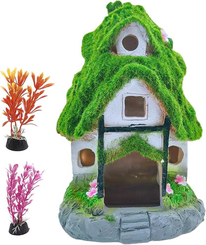 M2cbridge Aquarium Decorations Fish Hideout House Betta Cave with Green Lifelike Moss (Garden Shed)