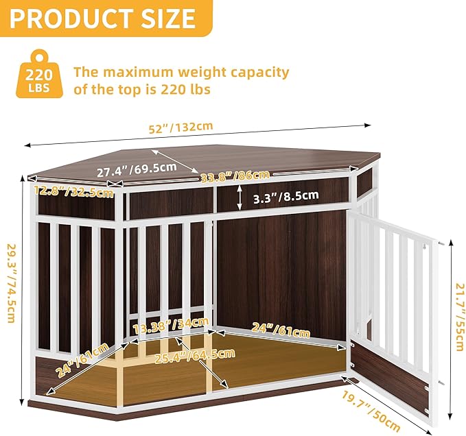 YITAHOME 52 Inch Corner Dog Crate Furniture, Heavy Duty Dog Kennel Indoor Furniture End Table Side Table Dog Crate, Modern Indoor Pet Crate Wooden Dog Crate for Large Dogs, White Walnut