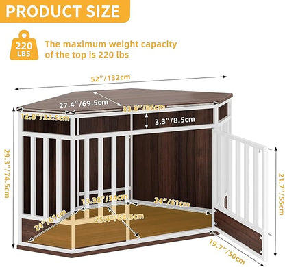 YITAHOME 52 Inch Corner Dog Crate Furniture, Heavy Duty Dog Kennel Indoor Furniture End Table Side Table Dog Crate, Modern Indoor Pet Crate Wooden Dog Crate for Large Dogs, White Walnut