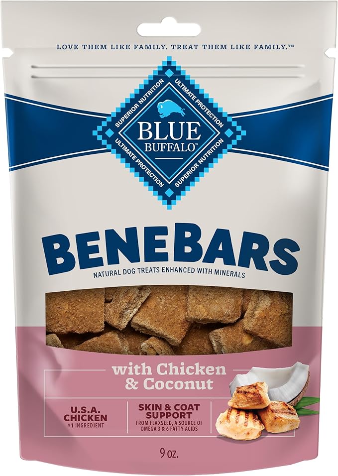 Blue Buffalo BeneBars Skin & Coat Support Dog Treats with Omega 3 & 6 Fatty Acids, Made with Natural Ingredients, USA Chicken & Coconut, 9-oz. Bag