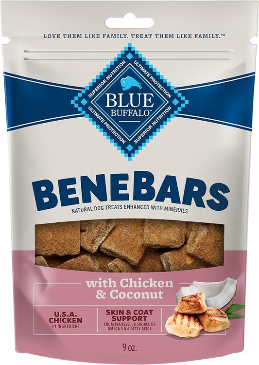 Blue Buffalo BeneBars Skin & Coat Support Dog Treats with Omega 3 & 6 Fatty Acids, Made with Natural Ingredients, USA Chicken & Coconut, 9-oz. Bag