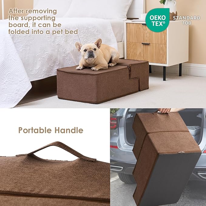 EHEYCIGA Dog Stairs for Bed 18”H, 4-Step Dog Steps for High Bed, Pet Steps for Small Dogs and Cats, Non-Slip Balanced Dog Indoor Ramp, Brown