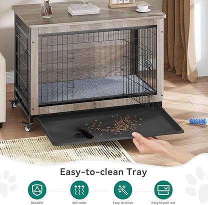 DWVO Dog Kennel Furniture with Cushion, 38" Wooden Dog Crate Furniture with Wheels, Dog Crate End Table with Tray, Dog Cage with Double Doors for Small/Medium Dog (Grey)