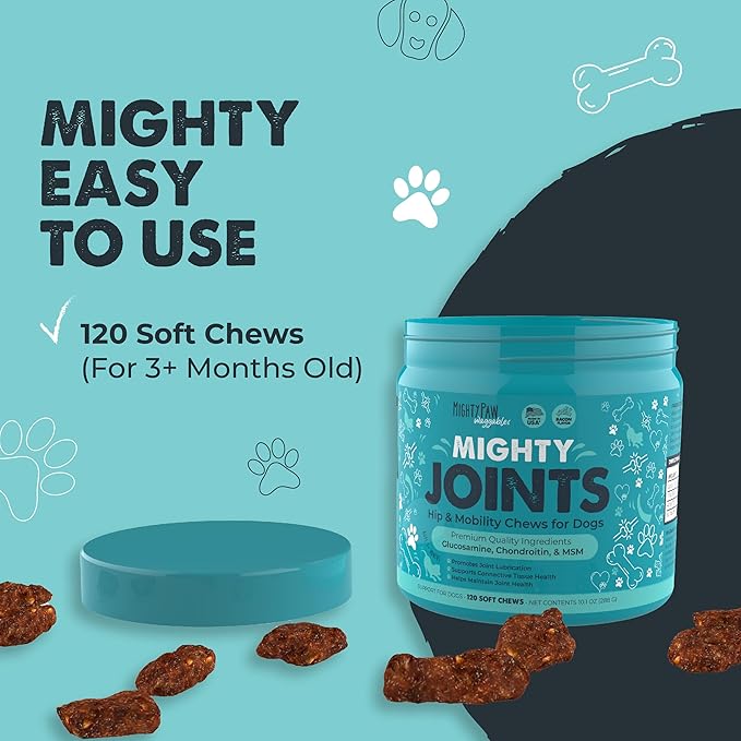 Mighty Paw Waggables Joint Support Supplement for Dogs (Made in USA) | Glucosamine for Dogs Hip and Joint Supplement. Vet Formulated Pet Mobility, Chondriotin & MSM Pet Chews (120 Ct)