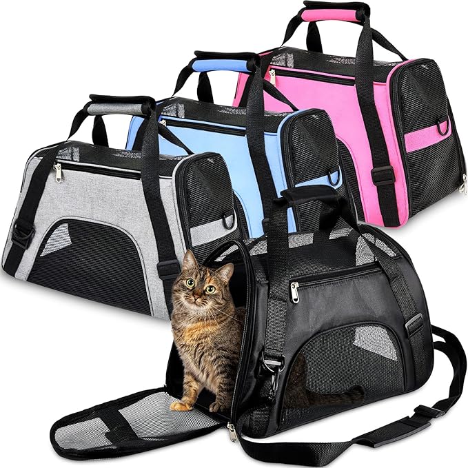 Sweetude 4 Pcs Cat Carrier Soft Pet Carrier for Cat Under 13lbs, 16.9X 11x 7.5 Inch, Soft Sided Foldable Comfortable Portable Carrying Bag for Cat Small Dog Pet Travel (Black, Gray, Pink, Blue)