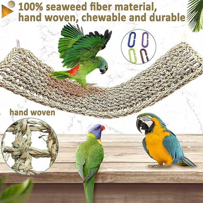 Bird Seagrass Mat 30" × 7" Parrot Natural Grass Woven Net Hammock Parakeet Climbing Rope Ladder Mat Chew Toys Cage Accessories for Pigeon Macaw Cockatiel Conure Budgie Cockatoo Rat Bearded Dragon