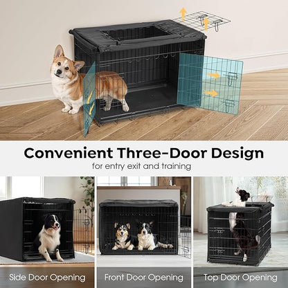 Veehoo 42 inch Dog Crate for Large Dogs with Three Doors & Cover-Metal Wire Dog Cage Kennels & Houses for Puppy&Cat, Indoor Outdoor Collapsible Metal Contour Dog Crate Kennels Kit with Removable Tray
