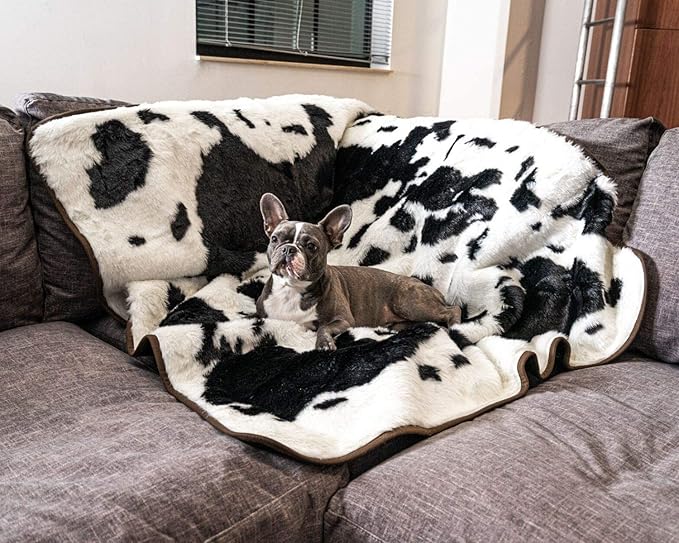 PupProtector Waterproof Throw Blanket for Dogs and Cats, Pet Blanket Cover for Couches, Sofas, Beds, Car Seats, Furniture, Calming Soft Faux Fur, Black and White Cowhide, Original (60" L x 50" W)