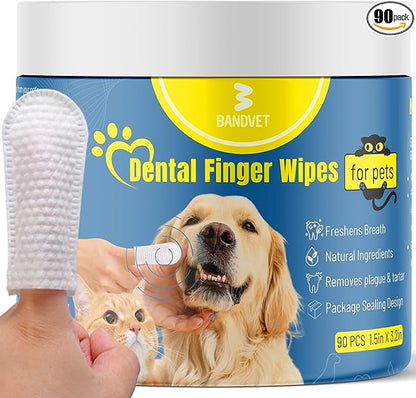 Dog Teeth Cleaning Wipes - No-Rinse Cat Toothbrush, Effective Dog Breath Freshener - Essential for Pet Supplies (90 Count - 1.5 in x 3.15 in)