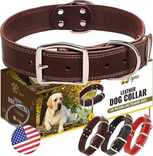 ADITYNA Heavy Duty Leather Dog Collar for Large Dogs - Soft and Strong Leather Dog Collar for Walking, Training, Hiking, Hunting, and Running (Large: Fit 17" - 23" Neck, Brown)